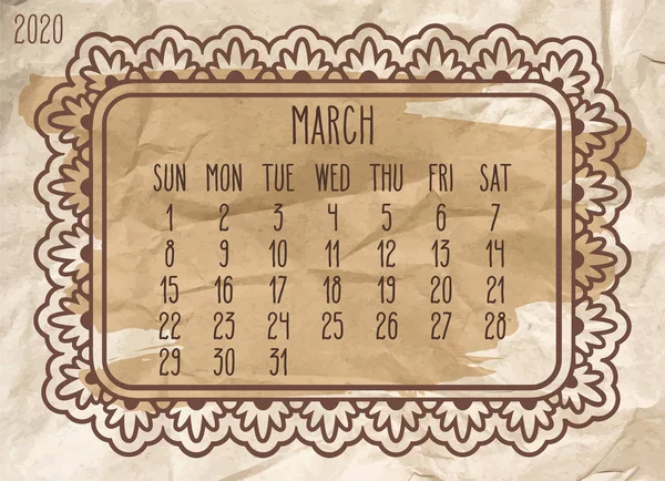 Año de marzo 2020 calendario marco mensual — Vector de stock