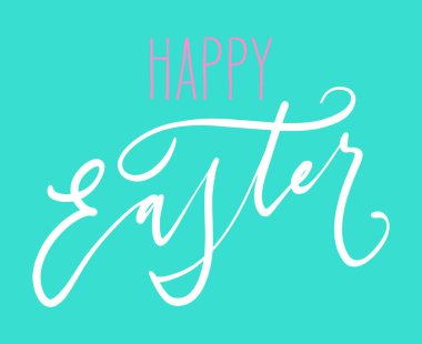 Mutlu Paskalya tebrik kartları. El çizimi harfli vektör yay çizimi. Turkuaz mavi arkaplan üzerinde pembe ve beyaz harfler.