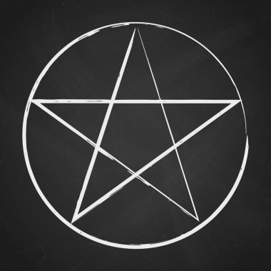 Pentagram ikonu, fırça büyülü okült yıldız sembolü. Siyah karatahtanın üzerine beyaz olarak vektör illüstrasyonu.