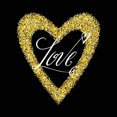 Seviyorum. Sevgililer günü tebrik kartı altın glitter kalp şeklinde bir çerçevede yazılmış el. Vektör romantik glamour tatil harflerle siyah arka plan üzerinde.
