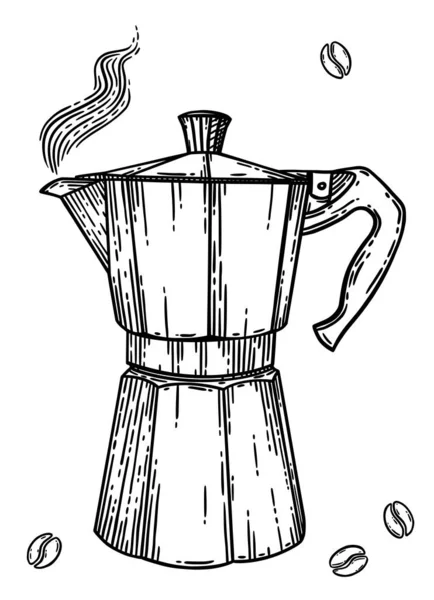 イタリアのコーヒーメーカーやモカ鍋 エスプレッソマシン モカエクスプレス 手描きベクトルイラストでヴィンテージエングレービングスタイル 白の上に隔離された黒 — ストックベクタ