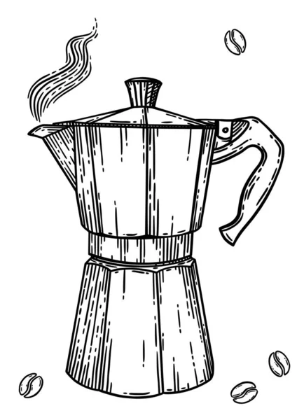 İtalyan kahve makinesi ya da kahve makinası, espresso makinesi, kahve makinesi. Klasik oymalı el çizimi vektör çizimi, beyaz üzerine siyah izole edilmiş..