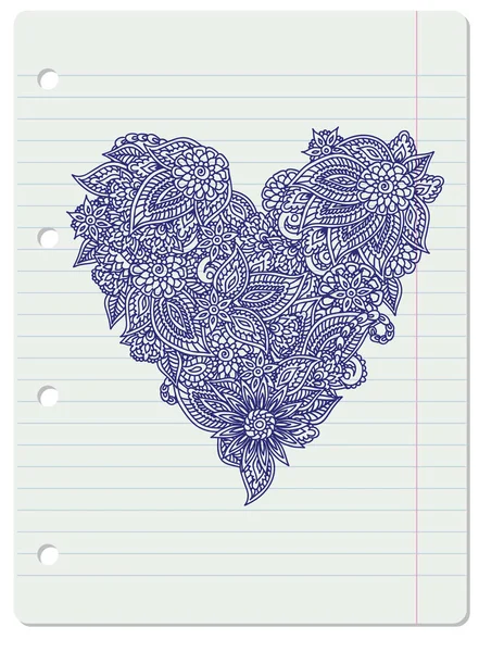 详细手绘涂鸦华丽的心脏在内衬笔记本页 浪漫的符号矢量图解 情人节的象征 — 图库矢量图片