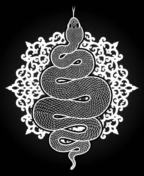 Serpent Enroulé Sur Mandala Floral Illustration Détaillée Serpent Tribal Blanc — Image vectorielle