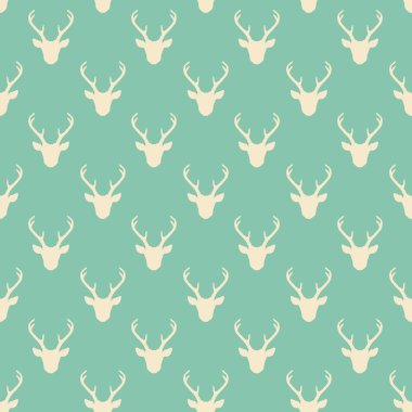Geyik kafası siluetleriyle kusursuz desen. Vektör hipster modası geçmiş. Doğa hayvanları açık yeşil ve beyaz arka planda.