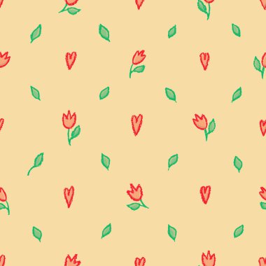 Çiçeksiz vektör deseni. Eski bej rengi kahverengi arka planda küçük kırmızı laleler ve yeşil yapraklar. Şirin küçük çiçekler duvar kağıdı..