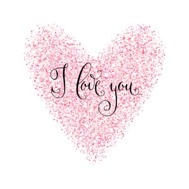 Ben de seni seviyorum. Pembe, pırıl pırıl bir kalp çerçevesiyle Sevgililer Günü tebriklerini el yazısıyla yazdı. Beyaz üzerine izole edilmiş vektör romantik tatil harfleri.
