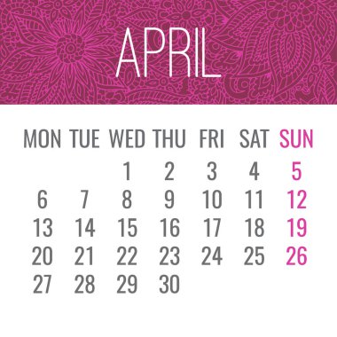 Nisan 2020 vektör takvimi, dantelli karalama elle süslenmiş pembe ve beyaz tasarım. Hafta pazartesiden itibaren başlıyor.