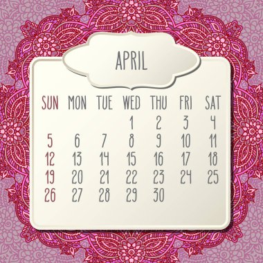 Nisan 2020 Aylık vektör takvimi karalama süslenmiş el çizimi pembe arka plan, pazar gününden itibaren bir hafta. Bej benekli çerçeve tasarımı.