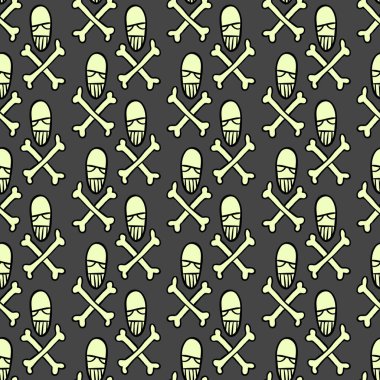 Vektör cadılar bayramı karalama kafatası ve kemiklerin kusursuz deseni. Parti posteri için tasarım arka planı. El çizimi karikatür çizimi. Koyu gri üzerine izole nesneler.