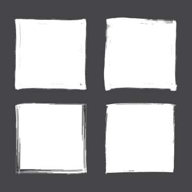 Kare grunge fırça darbelerinin koleksiyonu koyu gri arkaplan üzerinde beyaz çerçeveler halinde izole edilir. Bir dizi tasarım elemanı. Vektör illüstrasyonu.