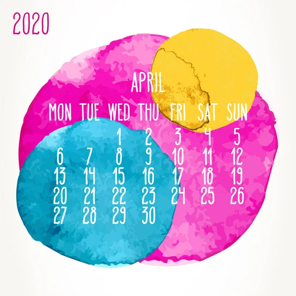 Duben 2020 Vektorový Měsíční Umělecký Kalendář Ručně Kreslené Barevné Akvarel — Stockový vektor