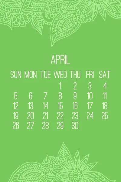 Квітень 2020 Векторний Щомісячний Календар Над Мереживним Каракулем Намальованим Зеленим — стоковий вектор