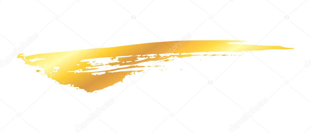 Artistic grunge golden brush paint stroke isolated over white background. Metal shiny gold design element vector illustration.