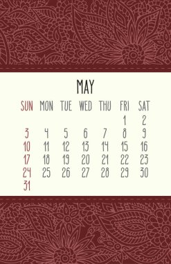 Mayıs 2020 vektör takvimi üzerinde kırmızı dantelli karalama süslü arka plan. Hafta pazar gününden itibaren başlıyor.