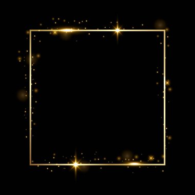 Siyah arkaplanda izole edilmiş, parlak kare bir çerçeve. Altın metal lüks boş sınır. Vektör arkaplan resimleme şablonu.