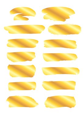 Beyaz arka planda izole edilmiş çeşitli altın grunge fırça darbeleri koleksiyonu. Bir dizi tasarım elemanı. Vektör illüstrasyonu.