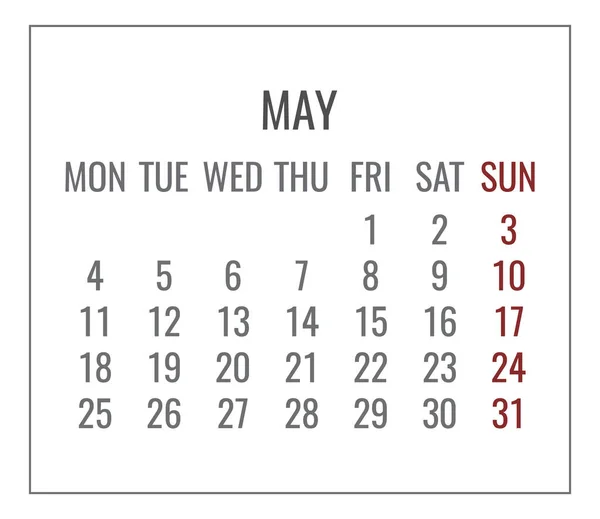 2020年5月ベクトル月平面ミニマリズムホワイトカレンダー 月曜からの週 — ストックベクタ
