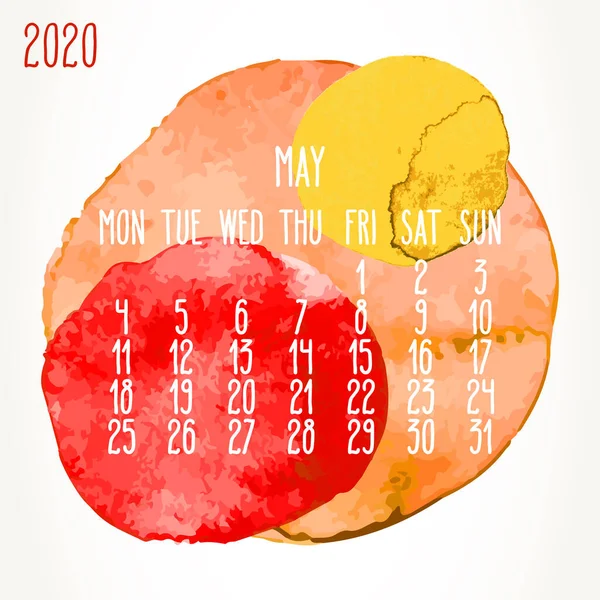 Mayo Año 2020 Vector Calendario Artístico Mensual Dibujado Mano Coloridos — Vector de stock