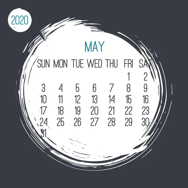 Mayo Año 2020 Vector Contemporáneo Calendario Mensual Cepillo Blanco Dibujado — Vector de stock