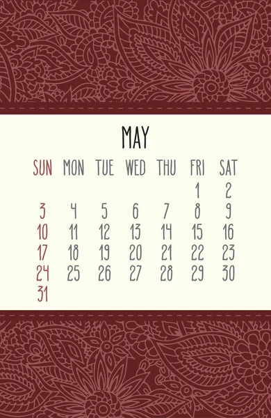 Maio Ano 2020 Vetor Calendário Mensal Sobre Vermelho Rendado Doodle — Vetor de Stock