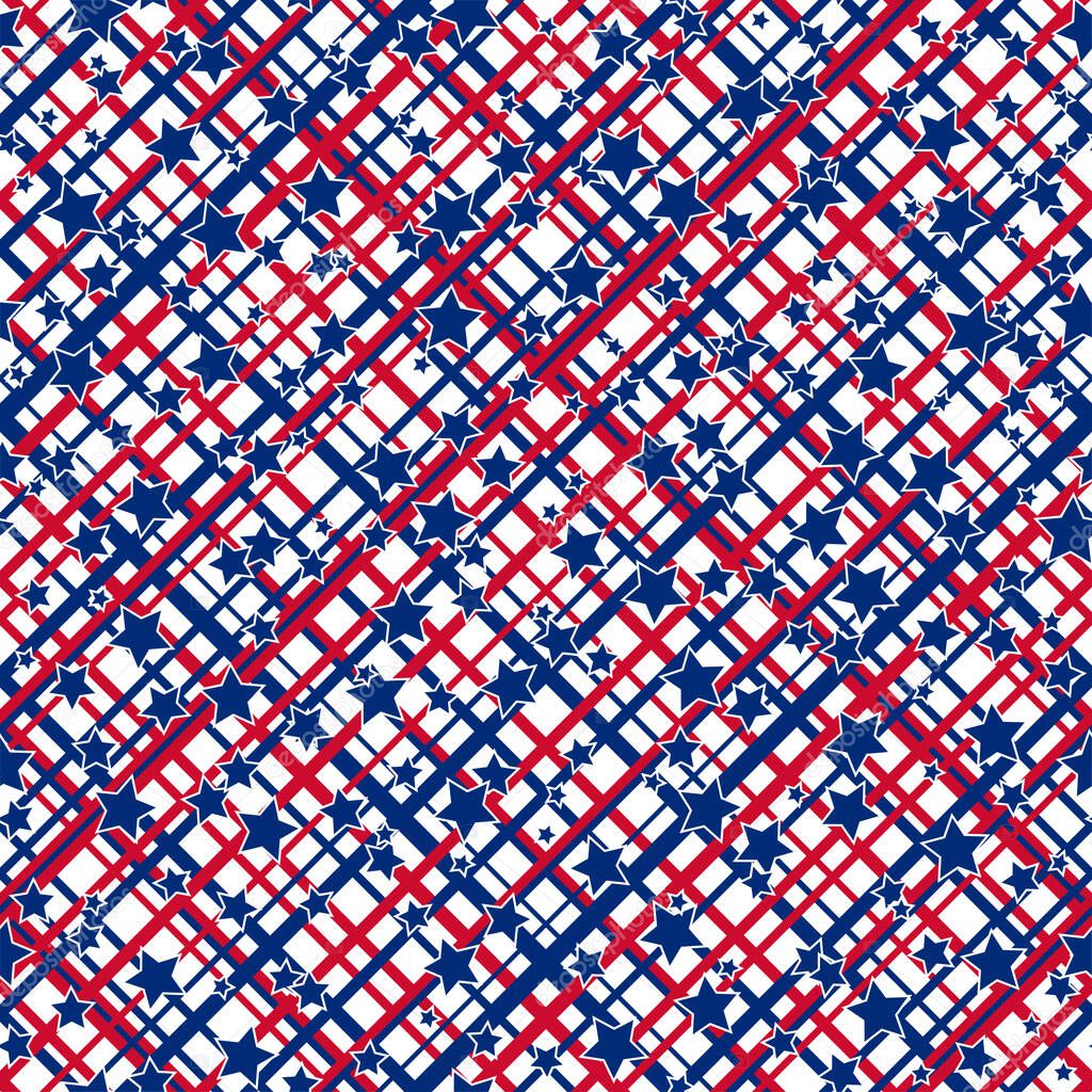 American patriotic stars and stripes seamless pattern in bright red, blue and white. Independence day vector background.