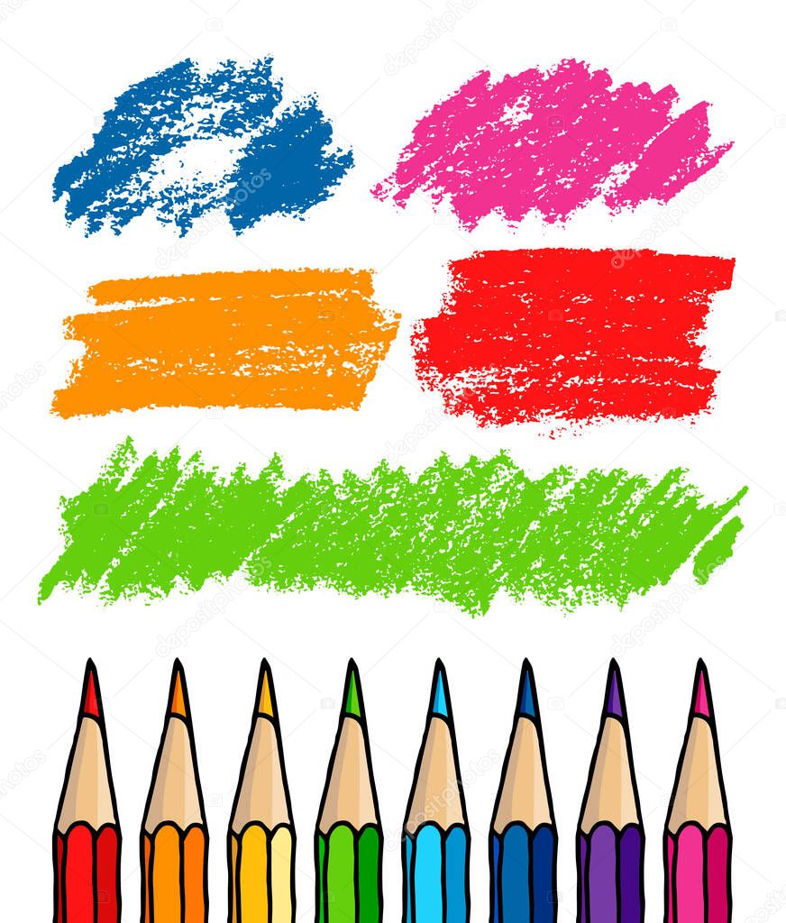 Colored pencils with hatch strokes set hand drawn vector doodle illustration. Crayons collection isolated over white background.