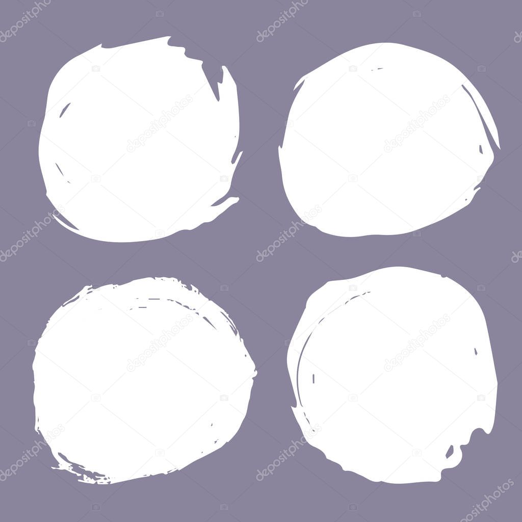 Collection of round grunge brush strokes in white isolated over muted grey purple background. Set of design elements. Vector illustration.
