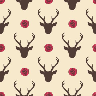 Geyik kafası ve güllerle kusursuz bir desen. Vektör hipster romantik moda geçmişi. Doğa hayvanlarının arka planı.
