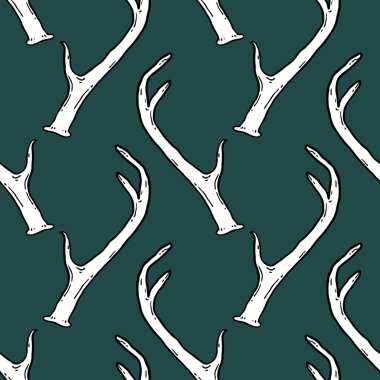 Beyaz geyik boynuzlarıyla kusursuz desen. Koyu yeşil üzerine vektör arkaplan çizimi. Doğa hayvanlarının arka planı.