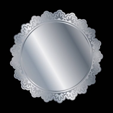 Siyah üzerine izole gümüş parlak parlak yuvarlak çerçeve. Metal metal lüks, zarif, boş bir sınır. Vektör arkaplan resimleme şablonu.