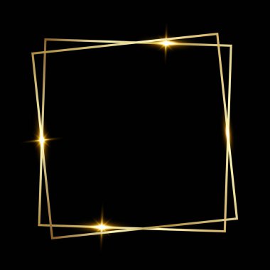 Siyah arkaplanda izole edilmiş, parlak kare bir çerçeve. Altın metal lüks boş sınır. Vektör arkaplan resimleme şablonu.