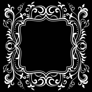 Siyah üzerine izole edilmiş beyaz çiçekli boş çerçeve. Viktorya dönemi barok sınır vektörü arkaplan illüstrasyonu.