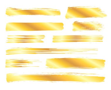 Beyaz arka planda izole edilmiş çeşitli altın grunge fırça darbeleri koleksiyonu. Bir dizi tasarım elemanı. Vektör illüstrasyonu.