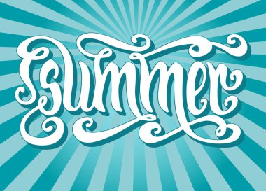 Summer 'ın el yazısı mavi ışınlar üzerinde. Vektör neşeli harfler.