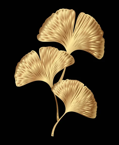 Ginkgo ya da yapraklı Gingko Biloba altın dalı. Doğa botanik altın vektör çizimi, siyah üzerine izole edilmiş dekoratif metal grafiği..