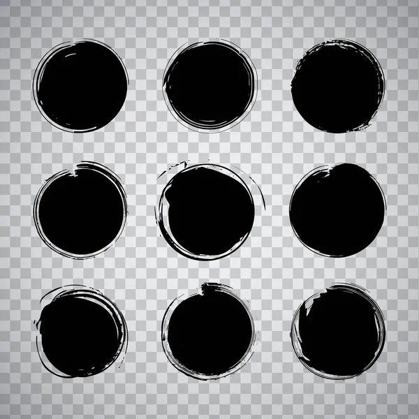 Kolekcja Okrągłych Czarnych Pociągnięć Pędzla Grunge Przejrzystym Tle Zestaw Elementów — Wektor stockowy