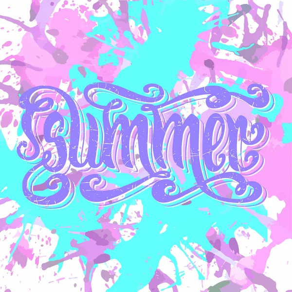 Hand Drawn Textured Word Summer Blue Pink Artistic Paint Splashes — Stock Vector