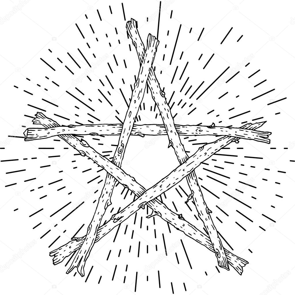 Hand drawn wooden sticks pentagram with rays of light, magic occult wicca star symbol. Vector illustration in black isolated over white.