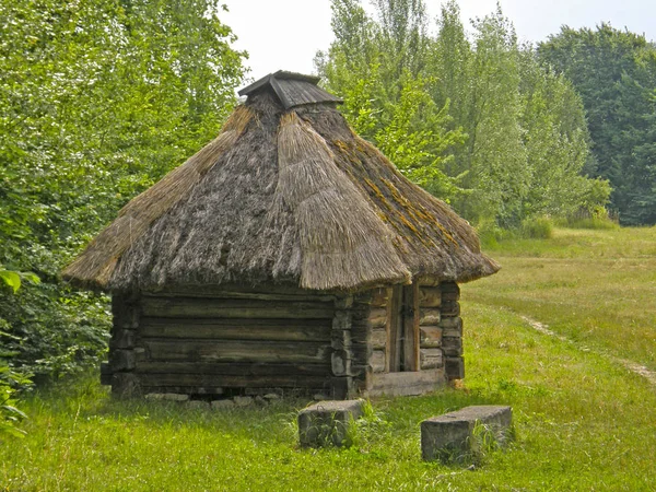 Una vecchia casa di legno sotto il tetto di paglia. Museo di Pirogovo. Kie. — Foto Stock