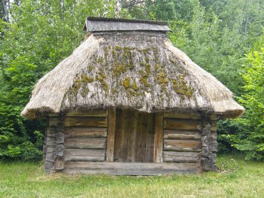 Thatched çatı altında eski bir ahşap ev. Pirogovo Müzesi. Kie