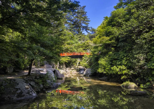 Red Japanese bridge in a forest — Stock Photo, Image