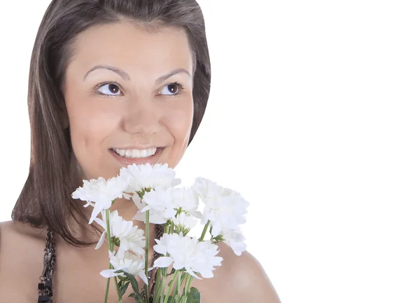 Beautiful portrait of a young sexy woman with a white flower. — Stock Photo, Image