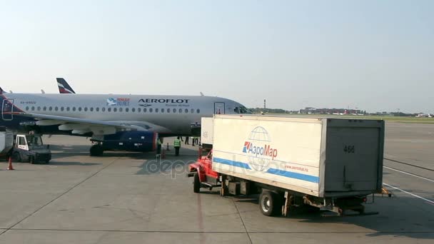 Grande traffico di passeggeri aerei di linea e auto di servizio cavalcare all'aeroporto di Sheremetyevo . — Video Stock