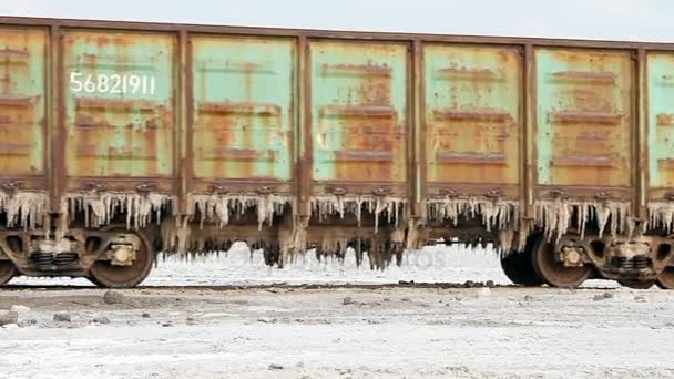 Old rusty train wagons with stalactites of salt at the lake Baskunchak — Stock Video