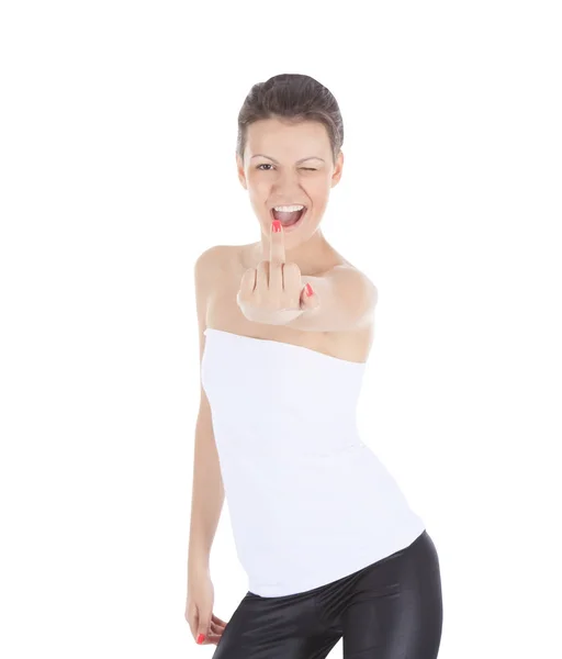 Young woman showing middle finger over white — Stock Photo, Image