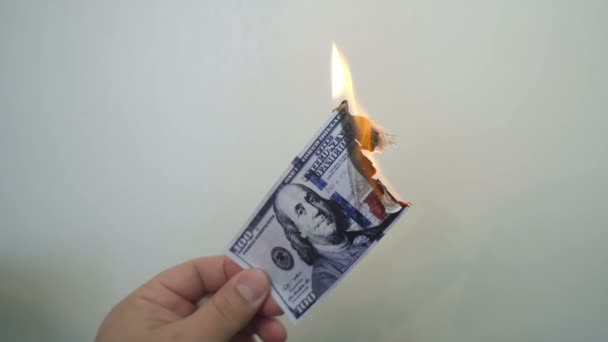 Mano che tiene una banconota da cento dollari in fiamme — Video Stock