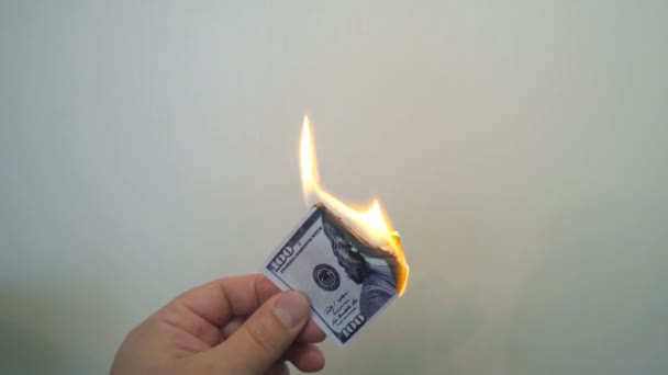 Mano sosteniendo un billete de cien dólares en llamas — Vídeos de Stock