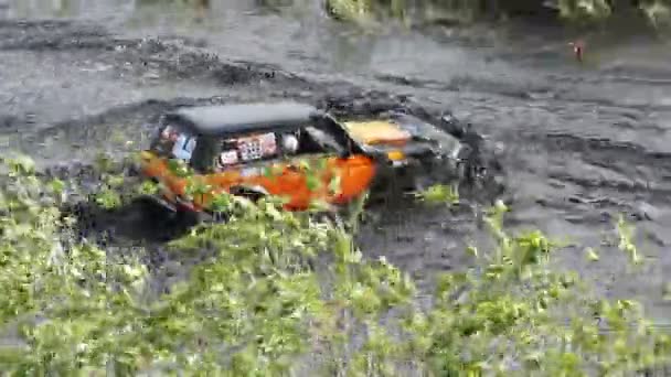 Racing op off-road auto's op de gekruiste terrein — Stockvideo