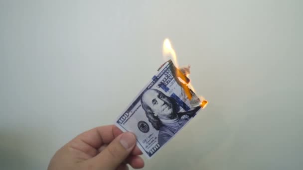 Hand Holding Burning Hundred Dollar Banknote — Stock Video